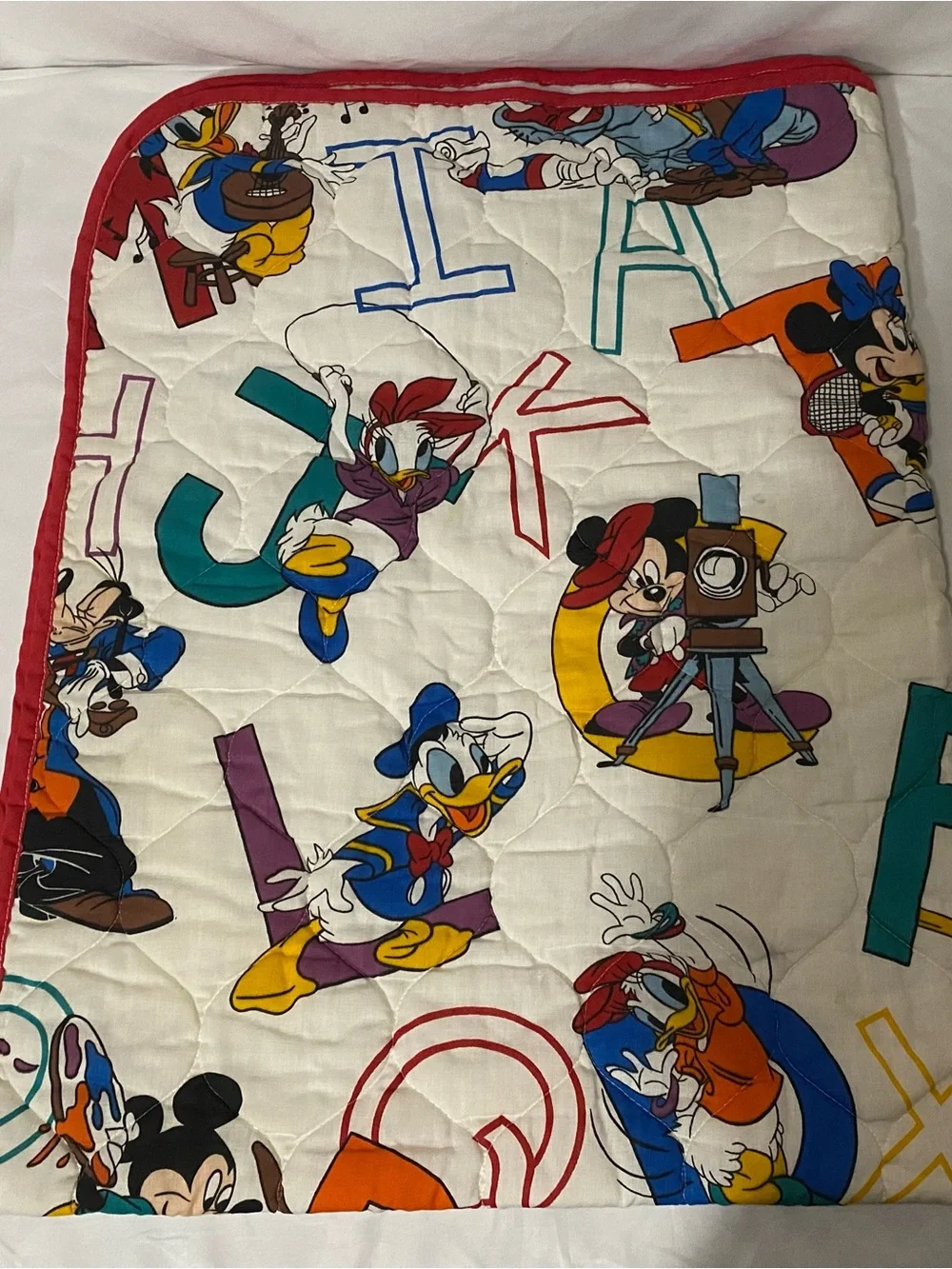 Vintage Disney White Quilted Throw Blanket with Multicolor Character Print